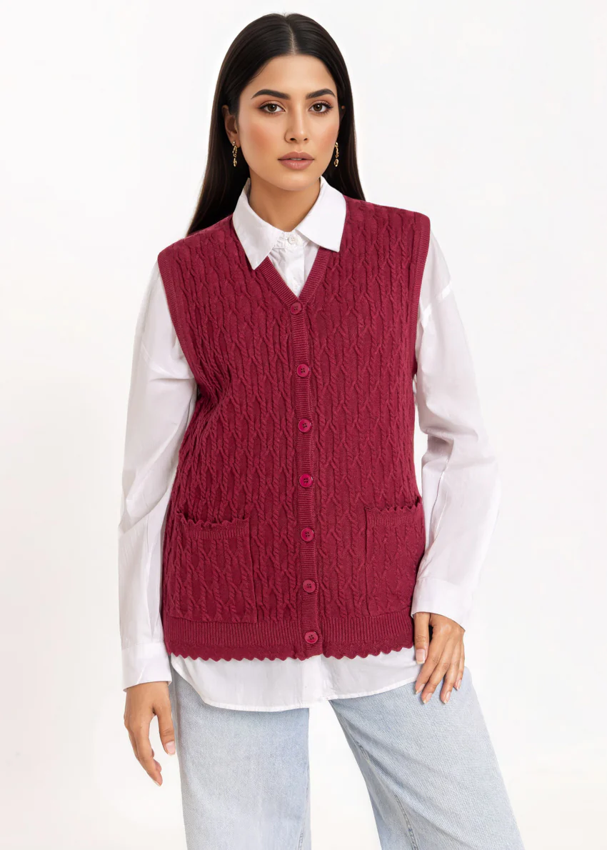 Maroon-V-Cardigan Sando Sweater (25Y-242-67)