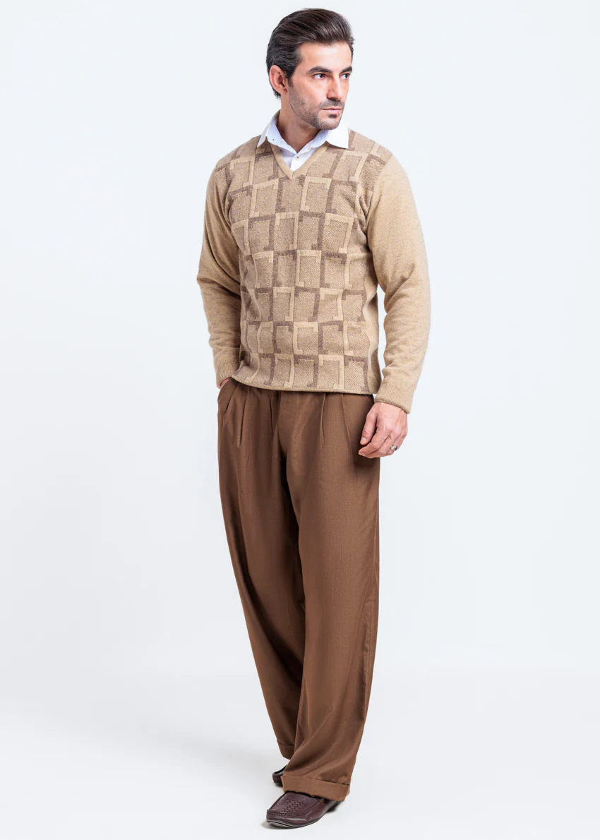 Wheat-V-Neck Full Sleeves Sweater (525-14) - Image 5