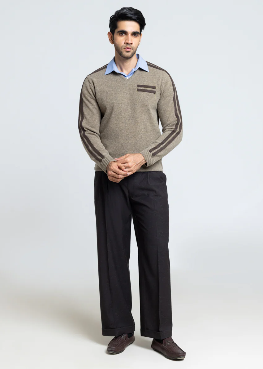 Nl-Beige-V-Neck Full Sleeves Sweater (557-14) - Image 3