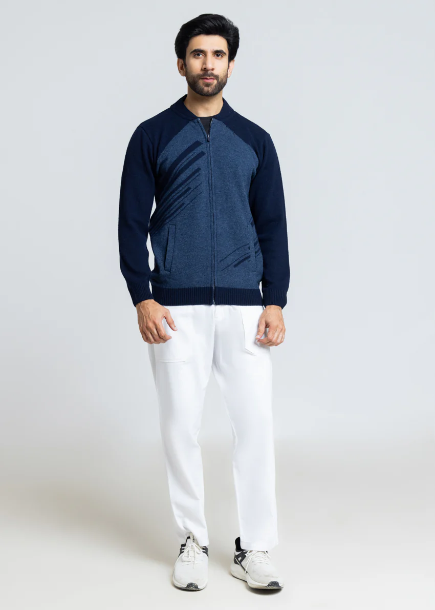 Dn-Blue-Baseball Collar Zipper Full Sleeves Sweater (759-14)