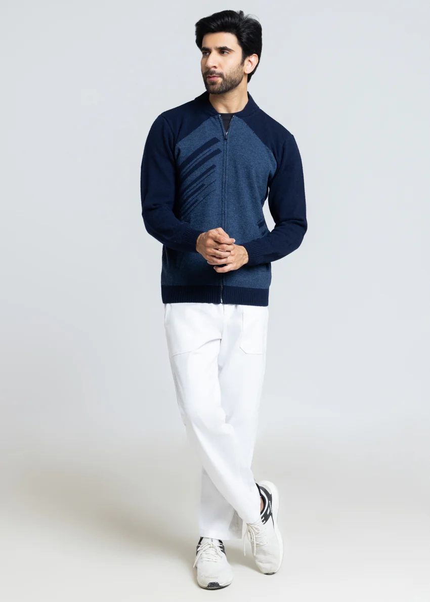 Dn-Blue-Baseball Collar Zipper Full Sleeves Sweater (759-14) - Image 3
