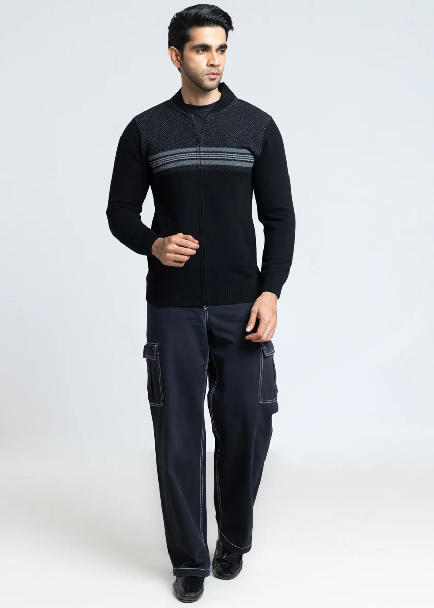 J-Black-Baseball Collar Zipper Full Sleeves Sweater (760-14) - Image 3