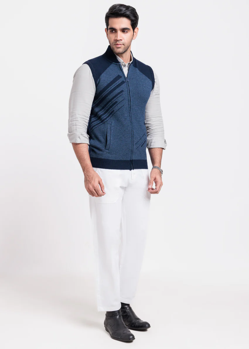 Dn-Blue-Baseball Collar Zipper Sando Sweater (789-14)