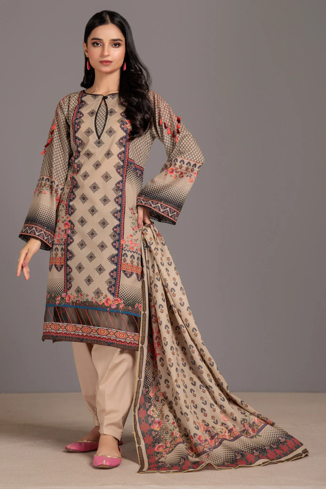 BEIGE-LAWN-3 PIECE (SSS233P06) - Image 3