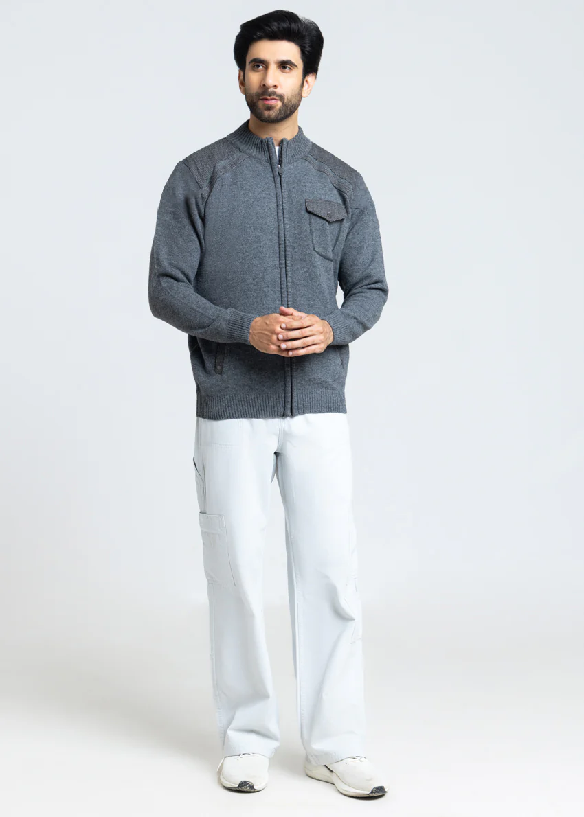 Grey-Turtle Neck Zipper Full Sleeves Sweater (913-14) - Image 4