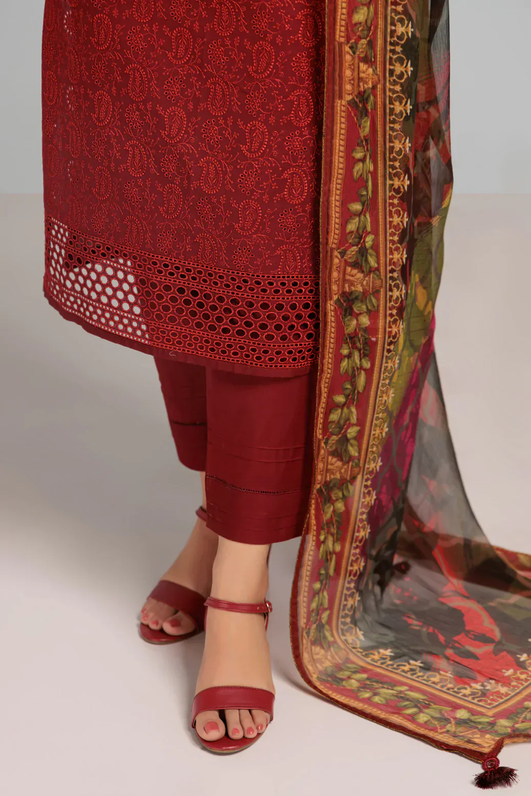 MAR00N-CAMBRIC CHIKANKARI-3 PIECE-SUIT (WAS223P104) - Image 5