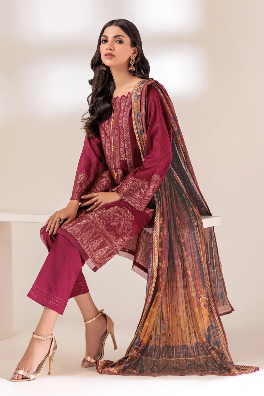 MAROON-JACQUARD-3 PIECE (JAS233P23) - Image 3