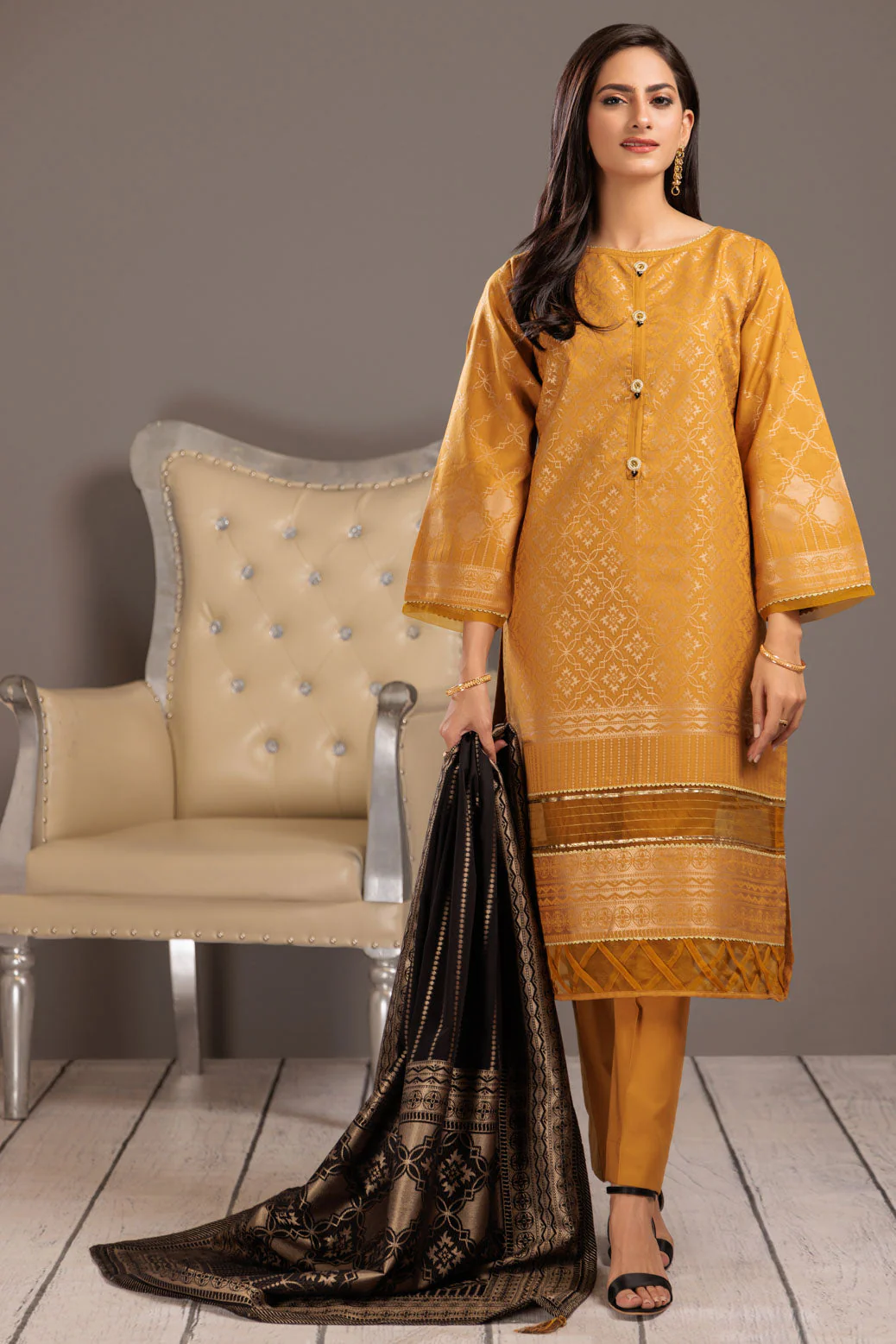 MUSTARD-JACQUARD-3 PIECE (JAS233P20) - Image 3