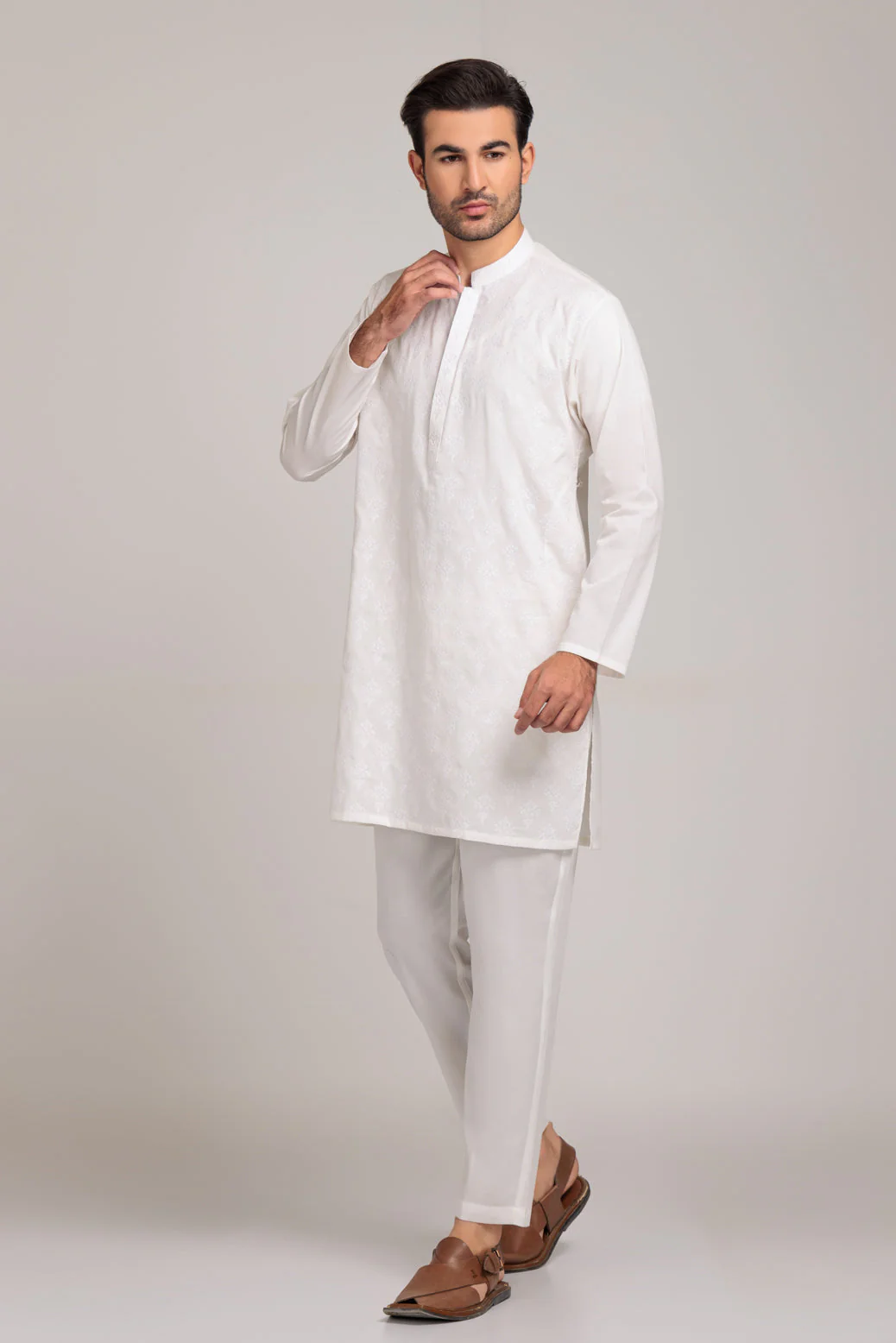 O-WHITE-COTTON-KURTA PAJAMA TROUSER (KSS23-005) - Image 3