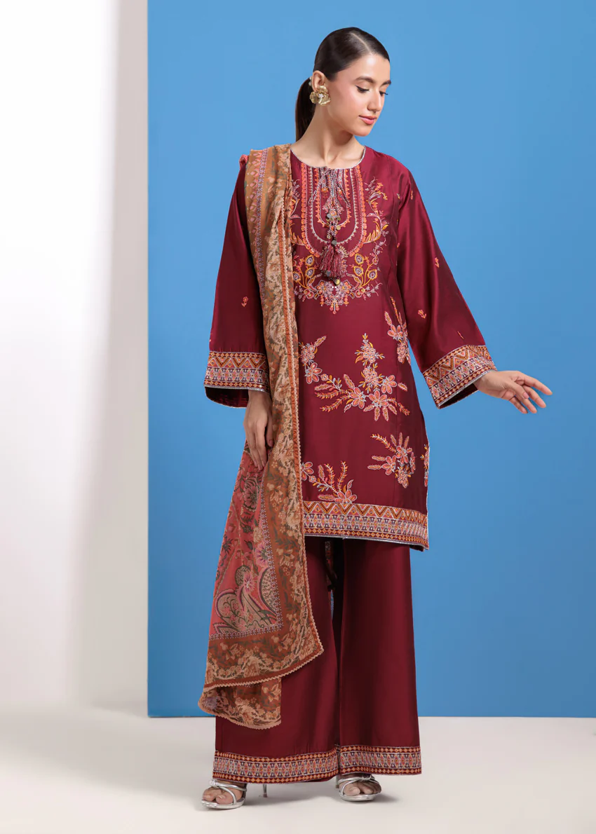 Maroon-Cotton Silk-3 Piece (WPS25FE3023) - Image 3