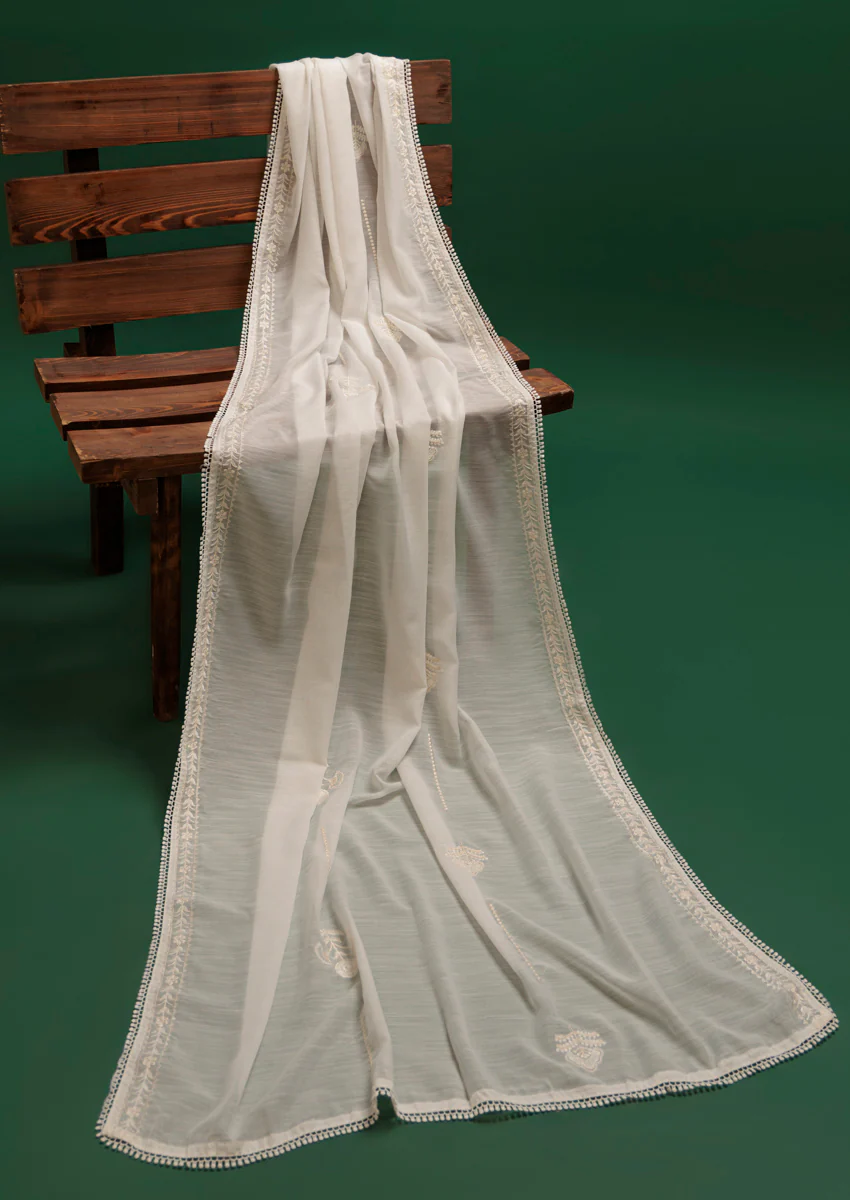 Embroidered White Voile Dupatta (WPS25VD1011)